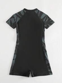 SHEIN Swim Summer Beach Conservative Color-Block Leaf Print One-Piece Swimsuit