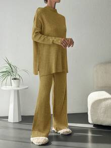 EURMUSE Mock Neck Button Detail Drop Shoulder Split Hem Sweater & Knit Pants - Army Green - View 5