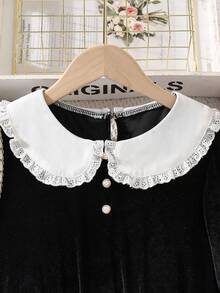 SHEIN 女童拼布彼得潘领连衣裙 - 黑色 - 查看 6