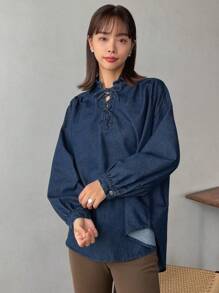 FRIFUL Của phụ nữ Thả vai Tops Denim Với Buộc Dây đai - Rửa tối - Xem 10