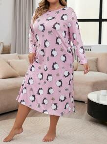 Vestido de pijama de talla grande con estampado de dibujos animados, vestido largo - Rosa - Ver 3