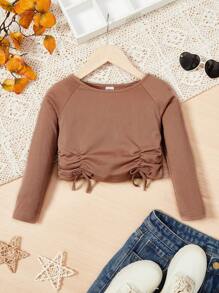 SHEIN Little Girls' Casual, Comfortable, Warm Pullover T-shirt With Drawstring Hem