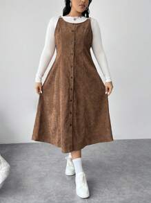 SHEIN EZwear Plus Size Corduroy Dress, For Winter - Brown - View 6