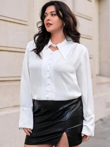 SHEIN Essnce Hơn Chất rắn Nút phía trước Áo sơ mi - trắng - Xem 6