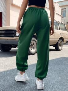 SHEIN EZwear Của phụ nữ In thư Eo dây rút & Đàn hồi Cổ tay áo Quần Chạy bộ - Màu xanh lá cây đậm - Xem 2