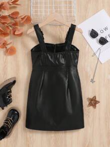 Tween Girl Zip Up PU Leather Overall Dress Without Tee - Black - View 2