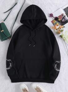 INAWLY 大码月亮和蘑菇印花保暖内衬连帽衫，配有袋鼠口袋，适合冬季穿着 - 黑色 - 查看 2
