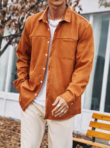 Manfinity Homme Men Plus Solid Corduroy Shacket Without Tee - Rust Brown - View 3