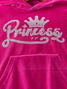 SHEIN Elladie kids 年輕女孩休閒運動字母印花長袖連帽衛衣和褲子套裝,適用於秋季 - 玫紅色 - 查看 3