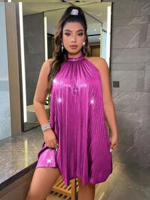 SHEIN Allurite 休閒 派對鈕扣 亮片拼接 百褶純色加大洋裝 - 玫紅色 - 查看 3