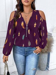 Celure Plus Feather Print Cold Shoulder O-ring Zipper Front Blouse - Purple - View 3