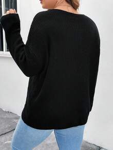 Flirla Hơn Tương phản Fishnet Cổ thuyền Thả vai Áo len - màu đen - Xem 2