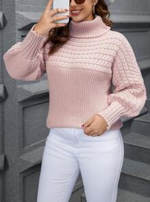 Calvaya 大碼高領蝙蝠袖麻花編織套頭毛衣 - 粉色 - 查看 1