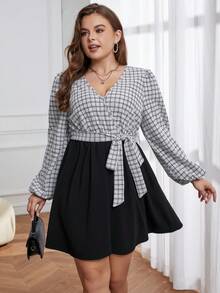 SHEIN Privé 大尺碼女式格紋燈籠袖束腰帶連身裙 - 黑與白 - 查看 3