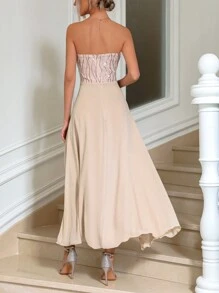 SHEIN BAE 对比色亮片开叉大腿管伴娘礼服优雅舞会半正式婚礼宾客礼服，适合生日、毕业典礼、返校节 - 香檳色 - 查看 2