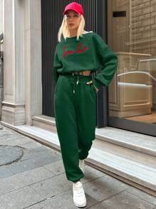 SHEIN Cottnline Letter Embroidery Top + Pants Women's 2-piece Set - Green - View 6