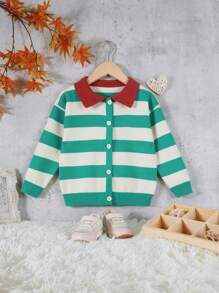 SHEIN Young Girl Striped Pattern Contrast Collar Button Front Cardigan - Multicolor - View 1