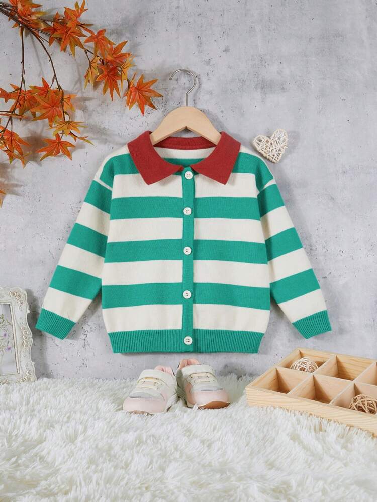 Young Girl Striped Pattern Contrast Collar Button Front Cardigan