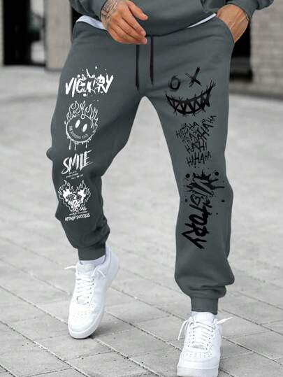 Manfinity LEGND Men's Cartoon Face & Letter Printed Drawstring Jogger Pants, Streetwear Sweatpants, For Rave