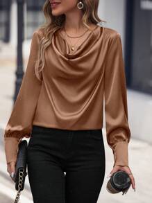 SHEIN Clasi cổ áo xếp nếp Tay áo lồng đèn Xa ten Áo sơ mi - màu nâu - Xem 6