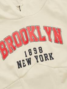 SHEIN EZwear 字母圖案落肩袖抽繩連帽衫 - 杏色 - 查看 4