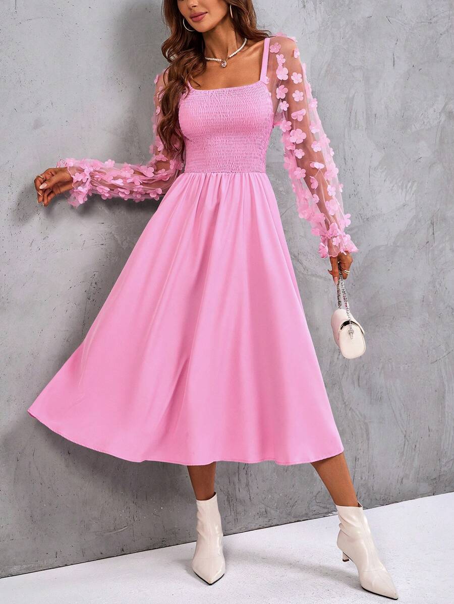 SHEIN VCAY Contrast Mesh Appliques Flounce Sleeve Square Neck A-line Dress - Pink - View 1