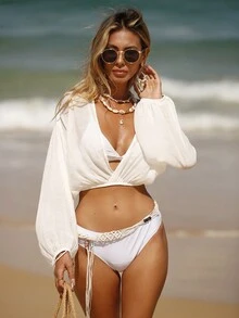 女士純色v領燈籠袖時髦遮陽衣 - 白色 - 查看 6