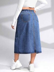 SHEIN EZwear Hơn Tách đùi Váy Denim - Rửa trung bình - Xem 2
