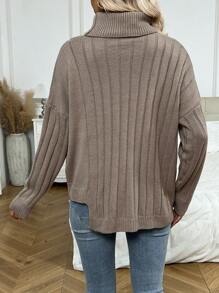 SHEIN LUNE Áo cao cổ Chi tiết Nút Thả vai Viền không đối xứng Áo len - Cà phê nâu - Xem 2