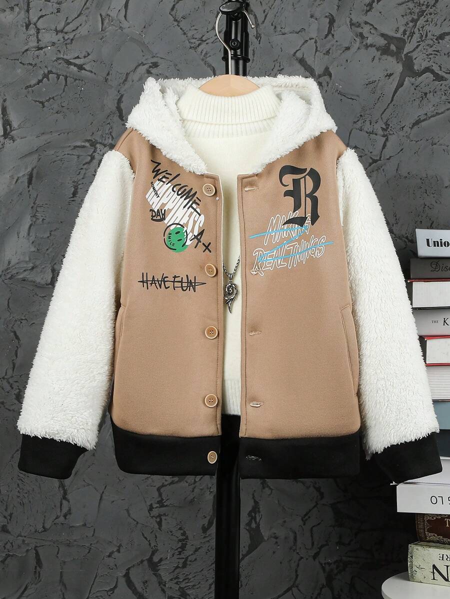 Garçon Veste Dessin Animé patchwork En Polaire À Capuche Avec Design Lettre , Pour Adolescent - Kaki - Voir 1