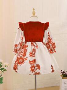 SHEIN Cô Gái Trẻ In hoa Viền Ruffle tay áo lá sen Váy 2 trong 1 - Màu Đỏ Sâu - Xem 2