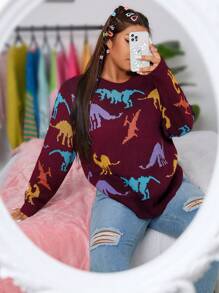 Flirla Plus Size Dinosaur Printed Pullover Sweater - Burgundy - View 1