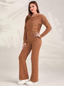 Seusyu Cable Knit Hooded Sweater & Knit Pants - Yellow - View 3