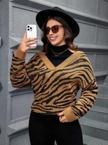 Calvaya Áo len cổ cao dáng rộng, vai rớt, họa tiết sọc ngựa vằn, thích hợp mặc mùa thu đông. - màu xanh lá - Xem 3