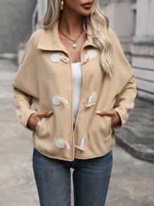 SHEIN LUNE Duffle Button Slant Pocket Teddy Jacket Fall Cloth For Women - Apricot - View 6
