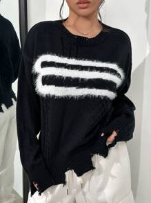 SHEIN Unity Fuzzy Trim Drop Shoulder Cable Knit Sweater Knit Pullover Fall Winter Outfit - Black - View 2