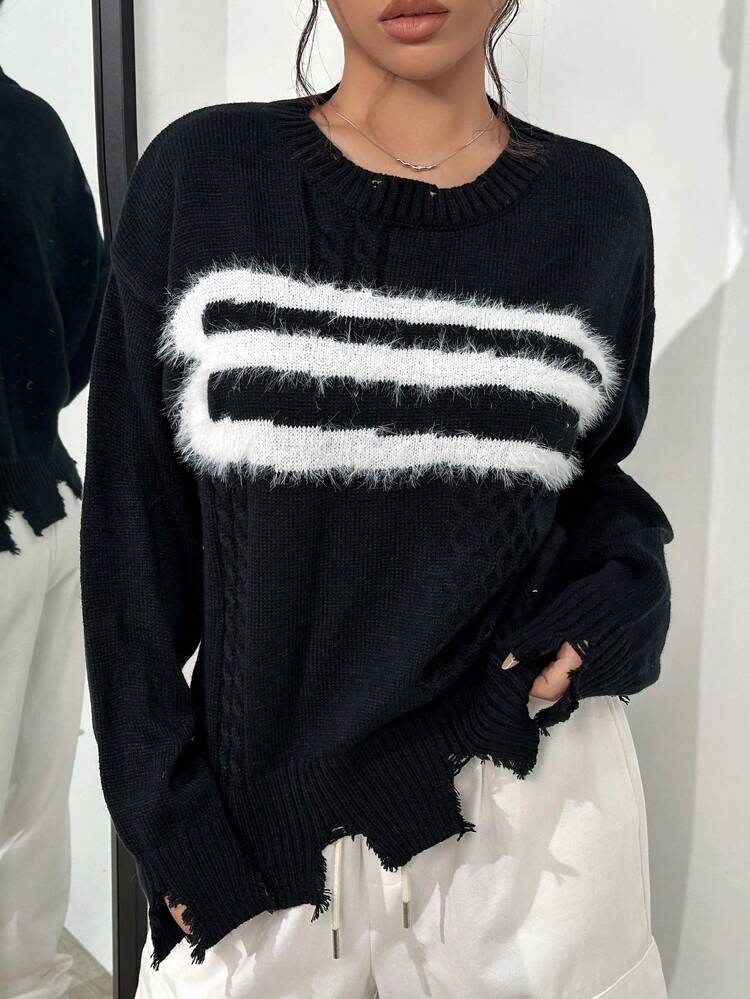 Fuzzy Trim Drop Shoulder Cable Knit Pullover Fall Winter Sweater