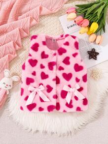 Baby Girl Heart Pattern Bow Front Teddy Vest Coat - Hot Pink - View 1