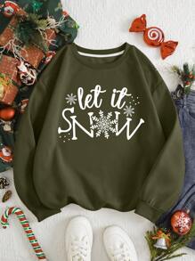 Plus Size Christmas Snowflake Fleece Sweatshirt - Army Green - View 1