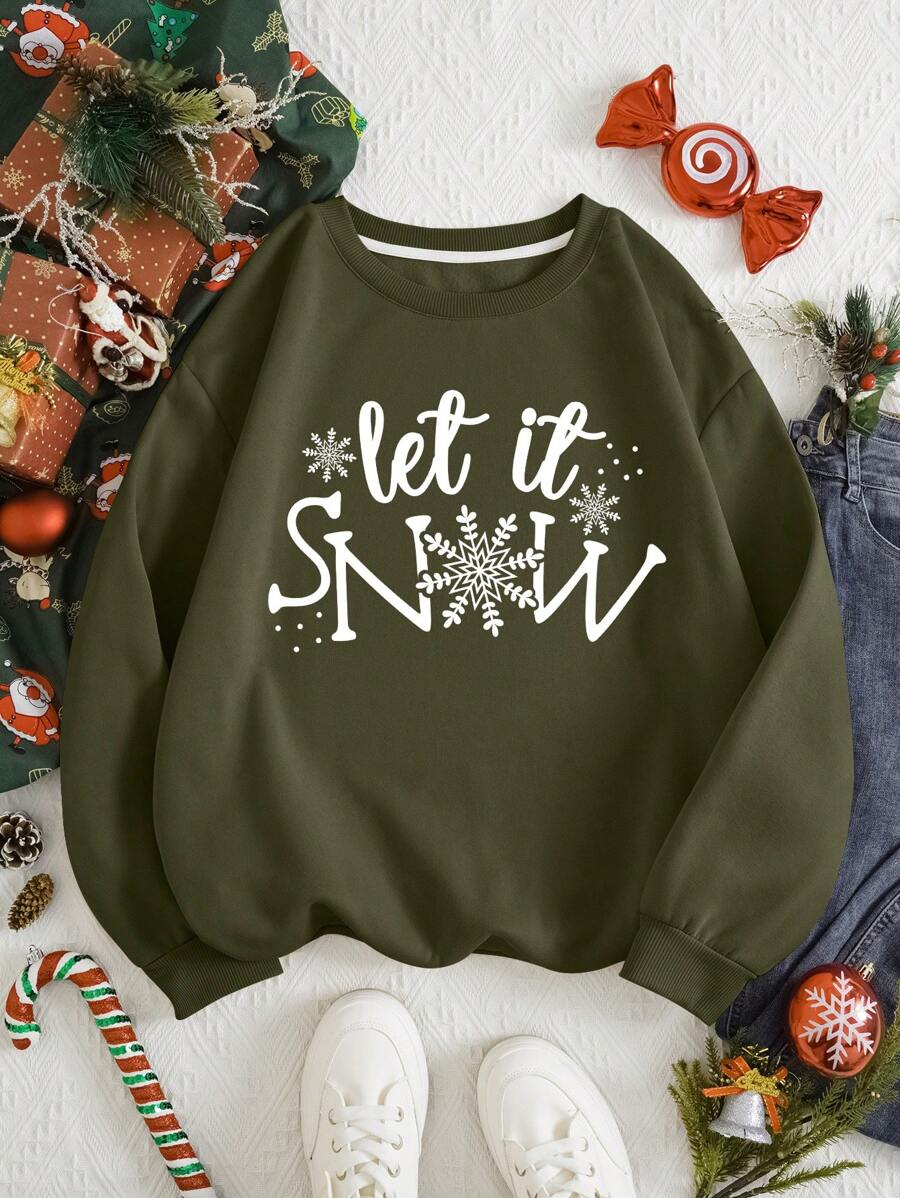 Plus Size Christmas Snowflake Fleece Sweatshirt - Army Green - View 1