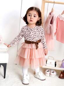 SHEIN Em bé Cô gái Thanh lịch Hoa văn Báo Dệt kim Lưới Nối Nhiều lớp Đầm - Hồng - Xem 4