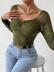 SHEIN Privé 缺口領褶邊插肩袖T恤 - 綠色 - 查看 6