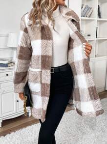 SHEIN Frenchy 女式格紋毛絨常規夾克 - 杏色 - 查看 4