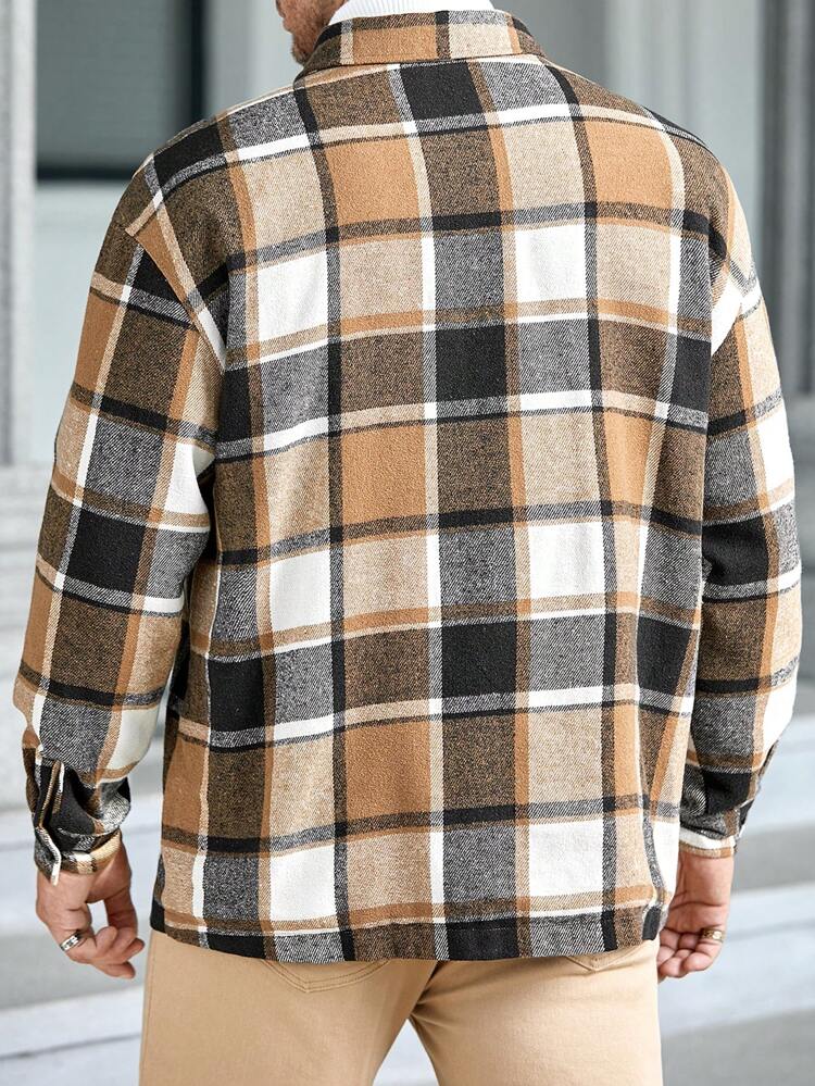 Men Plus Plaid Print Drop Shoulder Overcoat, For Fall Winter