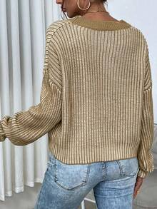 SHEIN Essnce Đồ đan Ribbed Thả vai Áo len - Màu Khaki - Xem 2