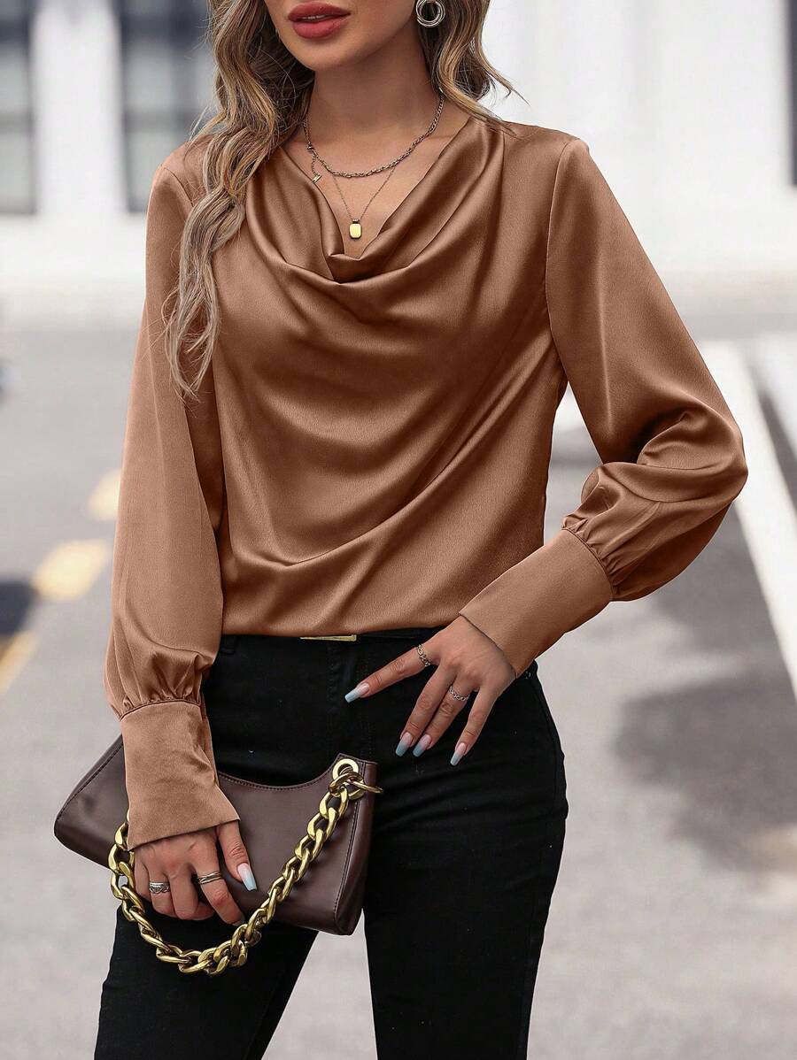 SHEIN Clasi cổ áo xếp nếp Tay áo lồng đèn Xa ten Áo sơ mi - màu nâu - Xem 1