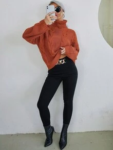 SHEIN Essnce Áo cao cổ Xoắn Dan Thả vai Áo len - Màu Cam cháy - Xem 5