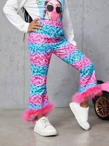 SHEIN Young Girl Allover Print Fuzzy Trim Flare Leg Pants