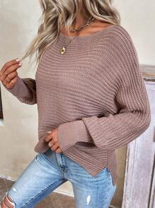 SHEIN Frenchy 女式純色船領下落肩毛衣 - 藕粉色 - 查看 6