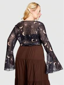 ROMWE Hippie Plus Size Bell Sleeve Sun Moon Mesh Tie Front Top - Multicolor - View 8